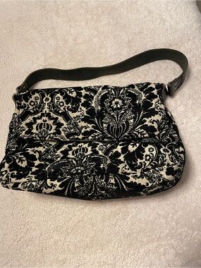Black & Cream Damask Shoulder Bag with Leather Strap